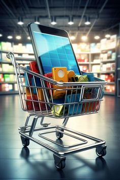 a shopping cart filled with lots of different colored blocks in front of a cell phone