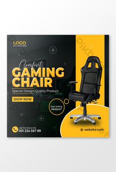 a black and yellow gaming chair flyer with an image of a computer chair on it