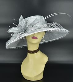 "✿*.Key Features.*✿ Sinamay petal flower with matching color beads and two quills, wide brim cover veil, very beautiful. Great for Kentucky derby, weddings, church, Easter, Royal Ascot, horse races, cocktails, tea party, or any hat wearing occasion. Hat base size: From front to back: 15.5\" (39.5 cm) From left to right: 17.5\" (44.5 cm) Wide brim Appr: 4-6\" Head girth: 22.5\"(57cm), adjustable string inside to make smaller to fit your head. If you want other colors in this style, just search th Elegant Silver Flat Brim Hat, Elegant Silver Spring Hat, Elegant Silver Embellished Hats, Luxury Silver Evening Hat, White Felt Hat For Western-themed Events At Kentucky Derby, Formal Hat, Sinamay Hat, Hat Tea Party, Tee Party