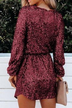 Wine Red Loose Long Sleeve Sequin Dress with Sash Full Sleeves Dress, Long Sleeve Sequin Dress, Autumn Sleeve, Dress Weights, Sequin Sleeve, Fitted Mini Dress, Long Sleeve Sequin, Mini Robes, Dress With Belt