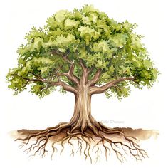 a watercolor painting of a tree with green leaves and its roots spread wide open