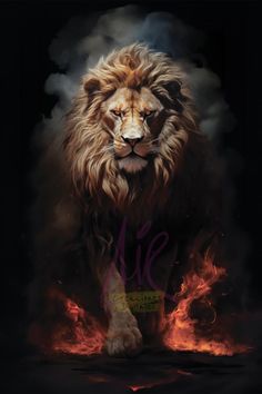 a painting of a lion on fire with the word me written in it's mouth