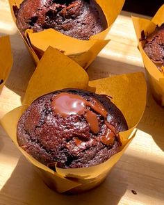 chocolate muffins in yellow paper cups on a wooden table