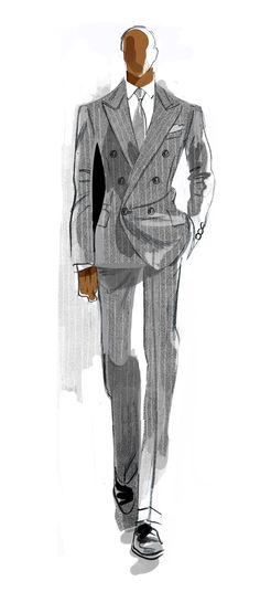 a drawing of a man in a suit and tie with his hands in his pockets