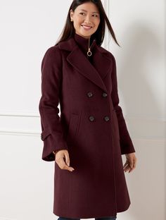 Our elegant wool blend coat is expertly tailored in a double breasted silhouette. Detailed with sleek welt pockets. Perfect for all your flattering long-over-lean outfits. Features Long Sleeve Hits Below Hip Button front closure Welt pockets Lined Imported Fit: Misses: 37"; Petite: 35"; Plus: 38 1/2"; Plus Petite: 36 1/2" Material: 50% Wool, 30% Polyester, 20% Viscose; Lining: 100% Polyester Care: Dry Clean Only | Double Breasted Wool Blend Coat Talbots Fitted Wool Coat With Double-breasted Button For Work, Tailored Double-breasted Outerwear For Career, Structured Double Button Pea Coat For Work, Structured Winter Pea Coat For Workwear, Elegant Double-breasted Peacoat For Work, Structured Career Outerwear With Double Button Closure, Solid Wool Coat With Double Button Closure For Work, Double-breasted Wool Outerwear For Career, Long Pea Coat With Double Button Closure For Work