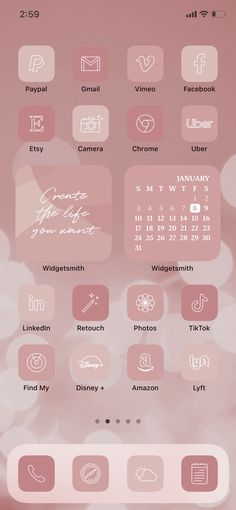 a pink and white phone screen with icons on it