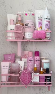 Pink shower cosmetics Gisou Hair, Girly Bathroom, Shoe Hacks, Useful Items, Pink Showers, Sephora Skin Care, Pink Lifestyle, Pink Cosmetics, Girly Room