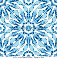 an abstract blue and white pattern with leaves in the center, on a white background