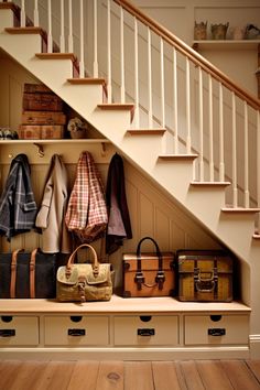 luggage and bags are sitting on the bench under the stairs in this entryway area