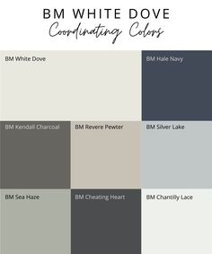 different shades of gray and white with the words bm white dove coordinating colors