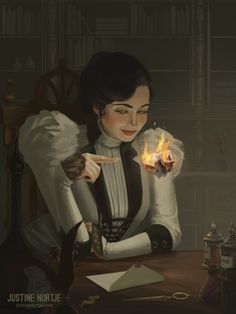 a painting of a woman sitting at a table with a lit candle in her hand