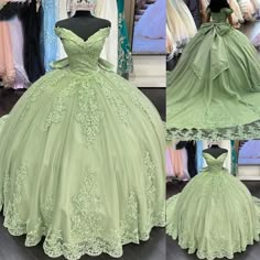 Celebrate your special day in the enchanting Lace Sage Green Quinceanera Dress. This stunning ball gown-style dress is crafted from delicate lace fabric, with intricate appliques cascading down the bodice and dress, showcasing exquisite craftsmanship. The charming bow embellishment adds a sweet, feminine touch, making this dress truly unique. Details: Silhouette: Ball Gown Style Fabric: Lace Fabric Color: Sage Green Color Length: Chapel Train Neckline: Off the Shoulder Neckline Sleeves: Sleevele Sage Green Quinceanera Dresses Mexican, Sage Green Quinceanera Dresses, Sage Green Quinceanera, Mini Quinceanera, Green Quince Dress, Gown Style Dress, Green Quinceanera, Prom Gold, Green Quinceanera Dresses