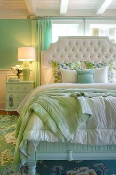 a bedroom with green walls and white bedding