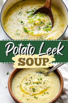 two bowls filled with potato leek soup on top of a white tablecloth next to a wooden spoon