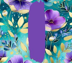 purple flowers and gold leaves on a blue background with the letter u in the center