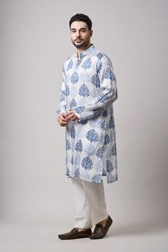 Ivory kurta with hand block print in modal satin base. Paired with a pant. - Aza Fashions Off White Cotton Kurta With Printed Motifs, Transitional White Kurta With Printed Motifs, Traditional White Block Print Kurta, Festive White Block Print Kurta, White Block Print Traditional Wear For Navratri, White Long Sleeve Block Print Traditional Wear, Festive White Printed Kurta, White Printed Kurta For Navratri, White Ikat Print Traditional Wear For Diwali