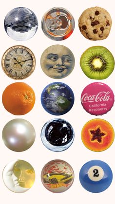 an assortment of different types of buttons and magnets on a white background with the words coca - cola written below them