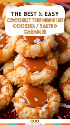 the best and easy coconut thumbprint cookies / salted caramel on a plate