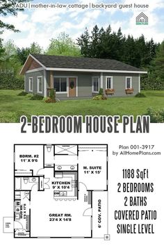 two bedroom house plan with 2 bathrooms and an open floor living area in the middle