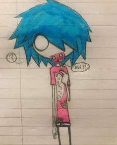 a drawing of a person with blue hair