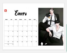 a calendar with an image of two men in black and white outfits, one wearing a tie