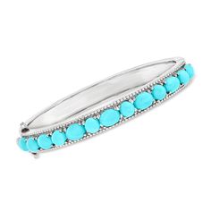 Ross-Simons - Turquoise Bangle Bracelet in Sterling Silver. 7". An RS exclusive. Stacks are meant to reflect unique personality, so curate a color scheme that speaks to you! Offering the most soothing shade of teal blue, this bangle bracelet features 5-7x5mm oval and round stabilized turquoise cabochons that pop against their beaded setting of polished sterling silver. Hinged with a double-latch safety. Box clasp, turquoise bangle bracelet. Turquoise Jubilee Bracelet, Turquoise Jubilee Bracelet Bangle, Elegant Turquoise Beaded Bangle Bracelets, Elegant Turquoise Sterling Silver Oyster Bracelet, Turquoise Bangle, Jewelry Presentation, Safety Box, Turquoise Wedding, Shades Of Teal