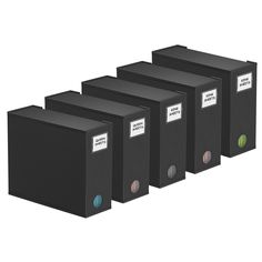 five black binders with labels on them are lined up in a row and each has a different color button