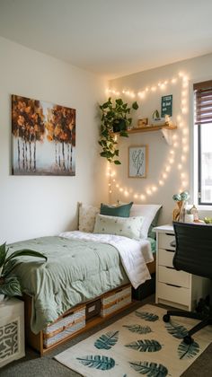 a bedroom with a bed, desk and plants on the wall above it is lit up by string lights