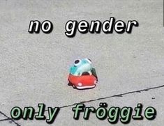 a small toy car sitting on top of a cement ground next to a sign that says, no gender only froggie