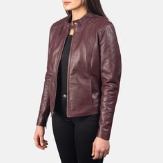 Women's Kelsee Maroon Leather Biker Jacket 2 Burgundy Leather Jacket With Long Sleeves, Burgundy Long-sleeve Leather Jacket, Classic Fitted Burgundy Leather Jacket, Burgundy Leather Biker Jacket For Fall, Fitted Burgundy Leather Biker Jacket, Fitted Burgundy Leather Jacket With Zipper Closure, Leather Biker Jacket For Business, Fitted Burgundy Leather Jacket, Burgundy Leather Jacket With Zipper Closure