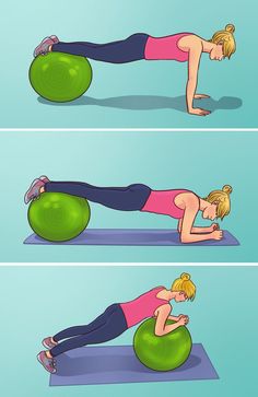 a woman doing push ups on an exercise ball