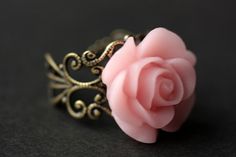 Pink Rose Ring. Light Pink Flower Ring. by StumblingOnSainthood Elegant Adjustable Pink Flower Ring, Delicate Pink Flower Ring For Gift, Delicate Pink Flower Ring Gift, Delicate Pink Flower Ring As Gift, Pink Flower Ring With Rose Design, Pink Rose Design Ring For Gift, Pink Rose Design Flower Ring, Pink Flower Ring, Strawberry Ring