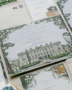 the wedding stationery is laid out on top of each other