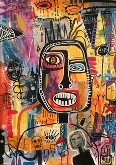 an abstract painting with many different colors and shapes on it's face, in front of a black background