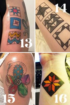 four different tattoos on the arm and shoulder