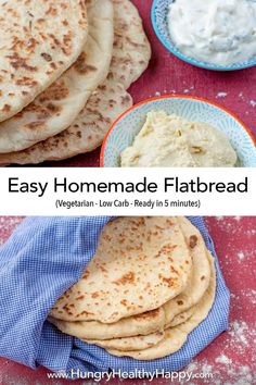 homemade flatbreads with cottage cheese and sour cream in the middle on a red table