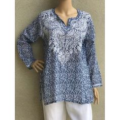 Women's Embroidered Tunic Top in Blue – Girl Intuitive Spring Cotton Tunic With Block Print, Blue Relaxed Fit V-neck Tunic, Spring Indigo Cotton Kurta, Spring Cotton V-neck Tunic, Cotton V-neck Blouse With Chikankari Embroidery, Blue Cotton Straight Kurta Tops, Blue Cotton Tunic With Block Print, Blue Block Print Cotton Tunic, Casual V-neck Kurta For Spring