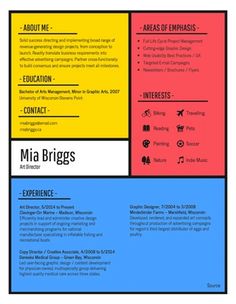 a colorful resume template with the name mia brigs on it