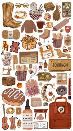 various items are arranged in the shape of a collage with words and pictures on them