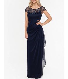 Xscape Beaded Cap Sleeve Illusion Neck Ruched Gown | Dillard's Navy Blue Evening Gown, Mesh Gown, Mother Of Groom Dresses, Dress Attire, Long Sleeve Gown, Tuxedo Dress, Column Gown, Corded Lace, Black Short Dress