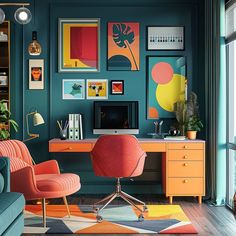 Business Images Download: Work From Home Variety Office Retro Design, Bright Color Office Decor, Chartreuse Office, Orange And Blue Office, Office Ideas Colorful, Home Office Colorful, Office Color Scheme Business, Colorful Office Ideas, Funky Office Decor