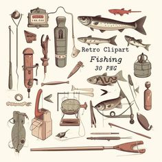 an old fashioned illustration of fishing items and equipment for the retro clipart fishing