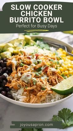 slow cooker burrito bowl with black beans, corn and avocado on the side