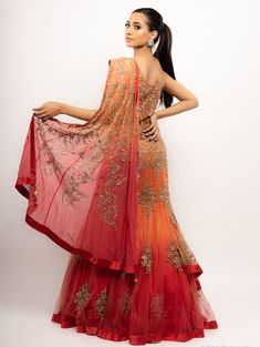 Saba - Embroidered Anarkali Gown - bAnuDesigns Floor-length Gown With Dori Work For Diwali, Navratri Maxi Gown With Intricate Embroidery, Semi-stitched Orange Dress With Intricate Embroidery, Designer Gown With Intricate Embroidery For Navratri, Designer Embroidered Maxi Length Lehenga, Organza Lehenga With Intricate Embroidery In Maxi Length, Party Wear Gown With Sheer Dupatta, Party Wear Embroidered Gown For Navratri, Unstitched Gown With Dori Work, Floor-length