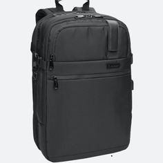 the back view of a black backpack with wheels and handles, on a white background