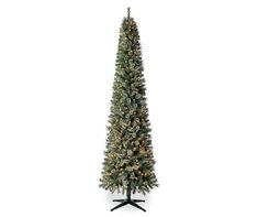 a christmas tree with lights on it in front of a white background and black stand