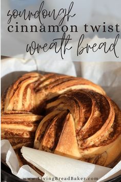 cinnamon twist bread in a basket with text overlay