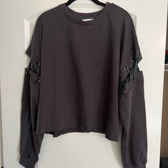 Nwot Size Medium Lush Brand Fun Arms Super Soft And Cozy Trendy Distressed T-shirt For Loungewear, Edgy Gray Tops For Fall, Edgy Relaxed Fit Crew Neck Sweatshirt, Edgy Soft-washed Relaxed Fit T-shirt, Gray Long Sleeve Casual Crop Top, Casual Gray Long Sleeve Crop Top, Oversized Soft-washed Sweatshirt For Loungewear, Black Edgy Soft-washed T-shirt, Fun Size