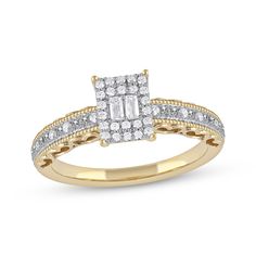 She'll adore all of the details in this romantic promise ring. The rectangle-shaped composite sparkles with round and baguette-cut diamonds. Along the shank, round diamonds and beading are edged with vintage-inspired milgrain detailing. For a unique touch, the sides of the shank are decorated with heart-shaped cutouts. This ring is created in 10K yellow gold with white rhodium and has a total diamond weight of 1/4 carat. Diamond Promise Rings, Unique Diamond Rings, Rectangle Frame, Kay Jewelers, Baguette Cut Diamond, Gold Price, Baguette Cut, Promise Ring, Promise Rings