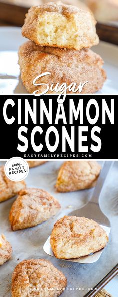 two images of scones, one with two scones stacked and another with scones lined on a baking sheet. Soft Fluffy Scones Recipe, Easy Scones Recipe 3 Ingredients, Fluffy Scones Recipe, Cinnamon Sugar Scones, Perfect Scones Recipe, Sweet Scones, Cinnamon Scones Recipe